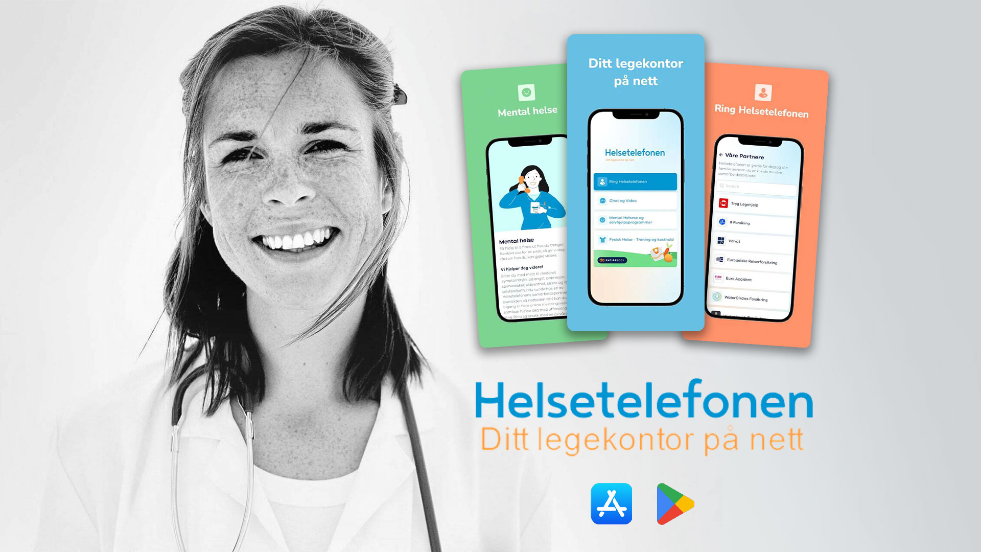 En kvinne i hvit frakk smiler med instruksjon av installasjon av helsetelfon app på telefon